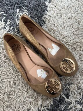 Tory Burch Metallic Gold-Brown Suede Logo Ballet Flats